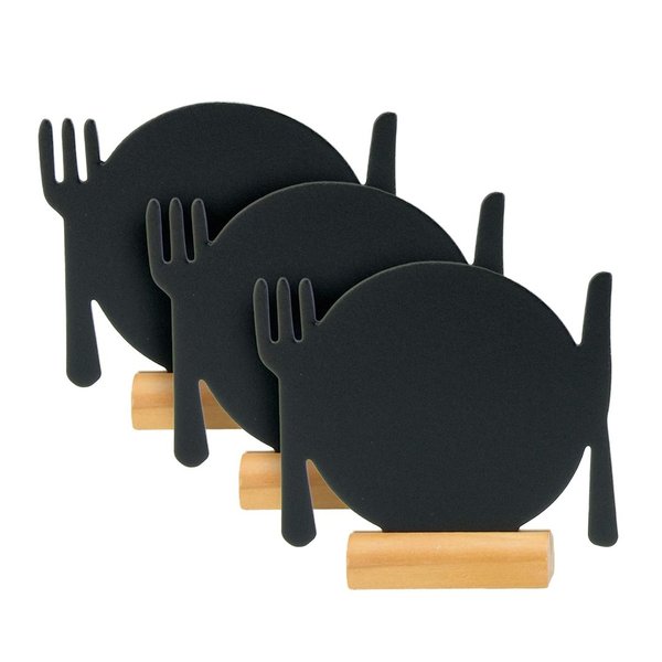Tischkreidetafel 3er-Set, 10x10cm Mini “Teller und Besteck”, Silhouette mit Holzfuss